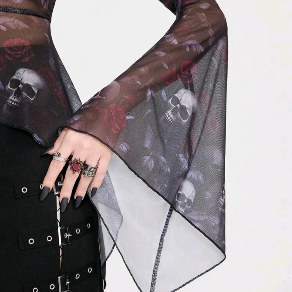 Hot Topic Black Sheer Gothic Skull Ruffle Camisole Top - Picture 4 of 5